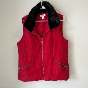 Christopher Banks Quilted Puffer Vest Red Faux Fur Full Zip Lightweight Size XL